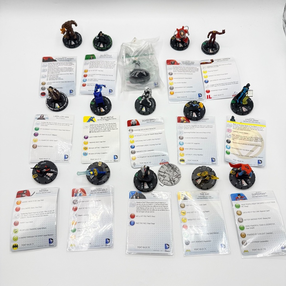 Heroclix DC Comics Uncommon, Super Rare, Unique Mixed Lot of 15 with Cards Lot F
